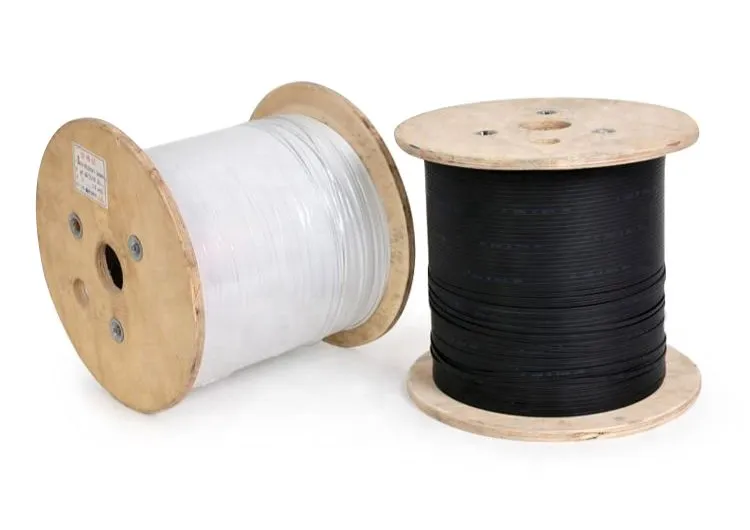 Two wooden spools of electrical wire on a white background: white cable on the left and black cable on the right.