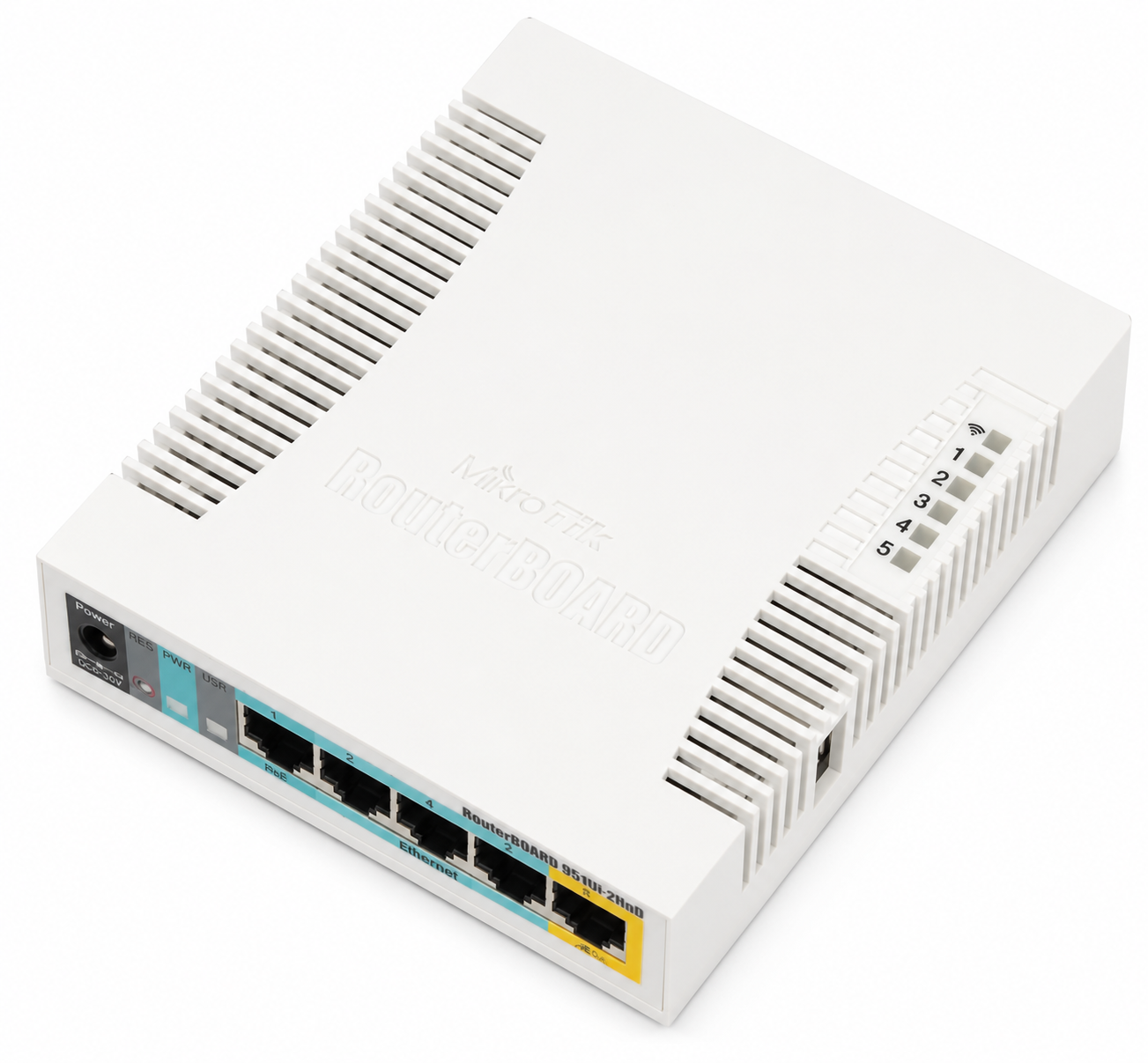 White MikroTik RouterBOARD networking appliance viewed from above, with multiple RJ-45 Ethernet ports and status LEDs