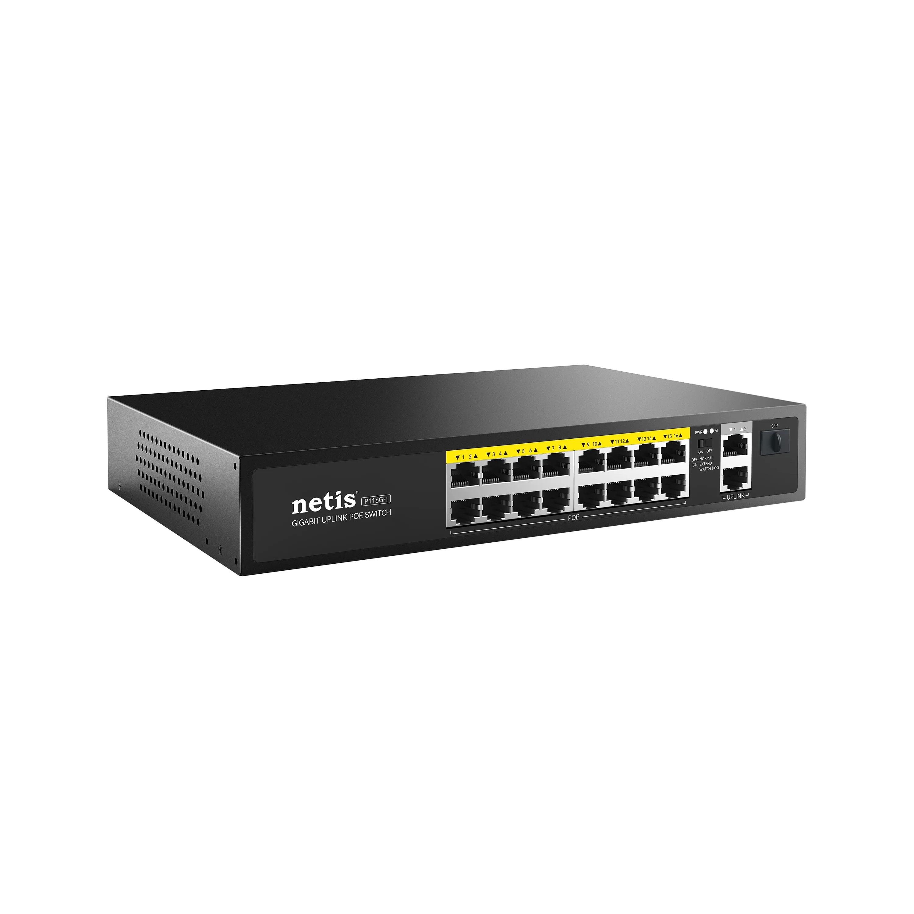 Netis P116GH 16-port Fast Ethernet PoE switch with 2 Gigabit uplink ports, featuring black steel case design with front-facing Ethernet ports and LED indicators