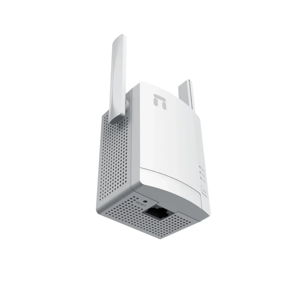 Close-up of a white wall-mounted electronic enclosure with a perforated panel and hinged cover viewed from below.