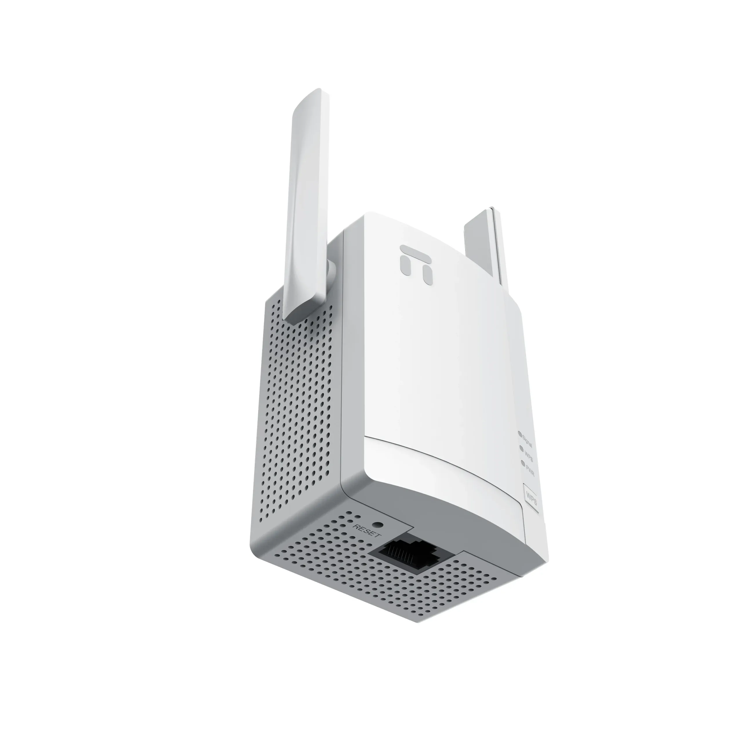 Close-up of a white wall-mounted electronic enclosure with a perforated panel and hinged cover viewed from below.