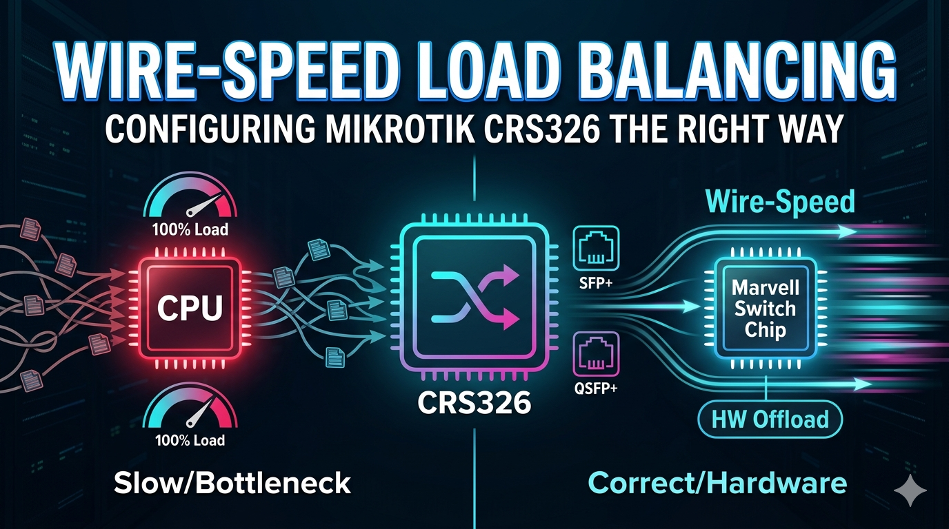 Infographic illustrating wire speed load balancing with mikrotik crs326 cpu on the left showing bottleneck crs326 in the center and a marvell switch chip on the right with hw offload and sfp+qsfp+ links   wavetech solutions limited